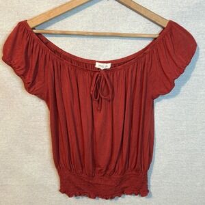 Paper + Tee Womens Med Top Red Cap Sleeves Flowy Boho Peasant Festival Hippie